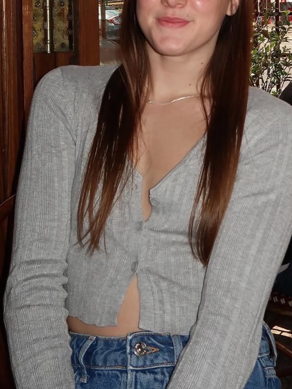 Garage Light Gray Ribbed Button-Up Crop Top
